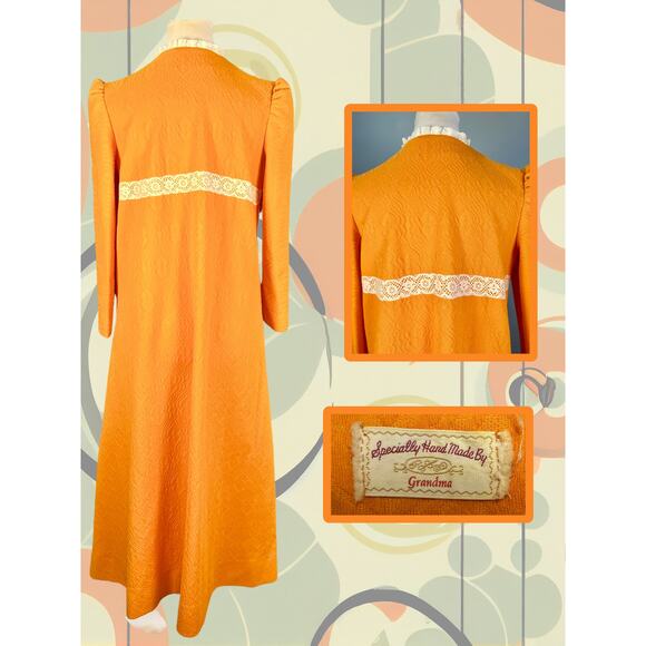 Vintage 60s Neon Orange Maxi Prairie Hippy House Coat Dress Size M - Picture 3 of 3